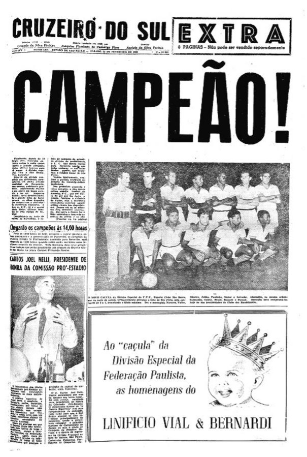 Capa do Jornal Cruzeiro do Sul após a conquista da Primeira Divisão (Acesso) em 1963.